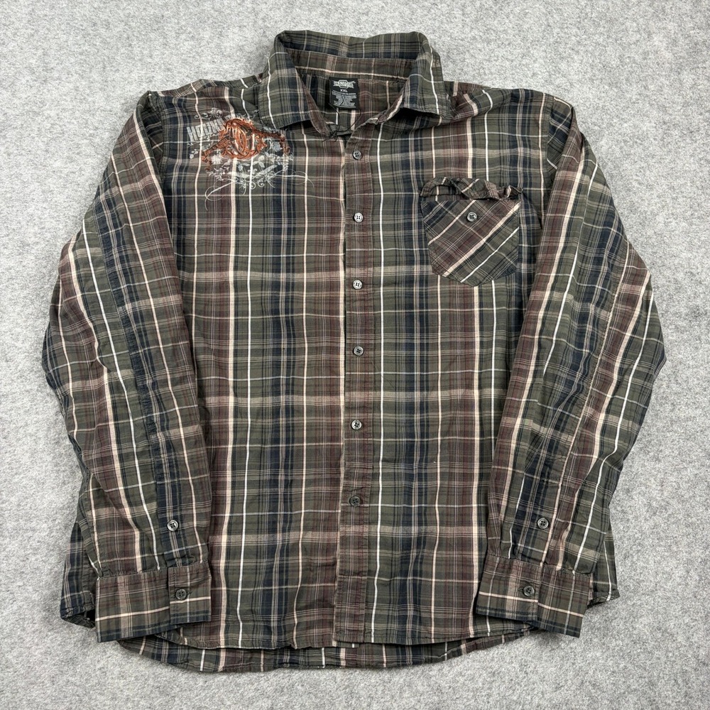 MMA Elite Button Up Shirt Mens XXL Olive Plaid Graphic Skulls Y2K Skater Grunge